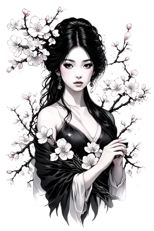 Japanese Woman Dark Sorrounded By Cherry Blossom