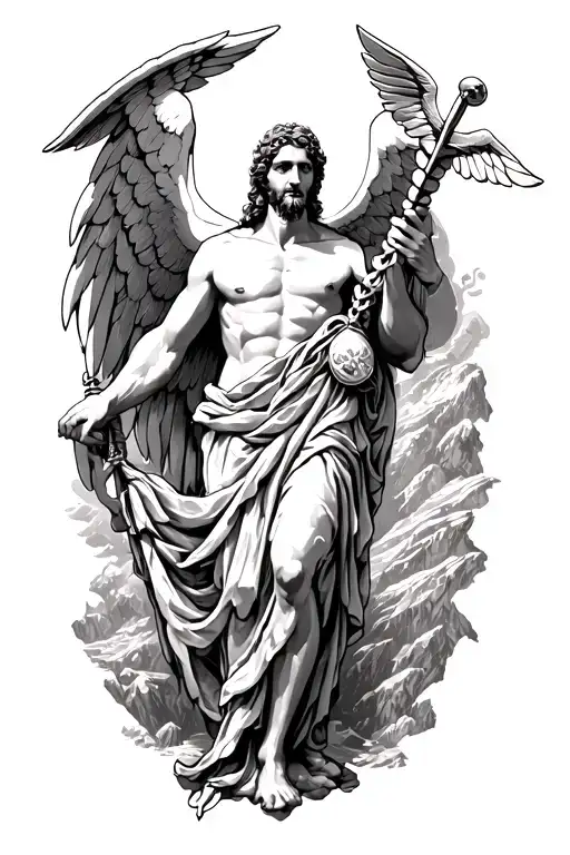 St Raphael Holding A Caduceus His Body Is Covered Mountain Back Drop
