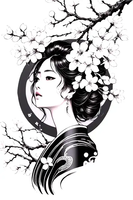 Japanese Woman Dark Sorrounded By Cherry Blossom Dark Background Darker