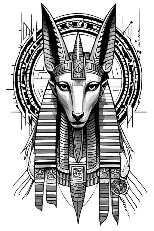Dark Anubis Egyptian God Surrounded By Geometric Shapes And Circles