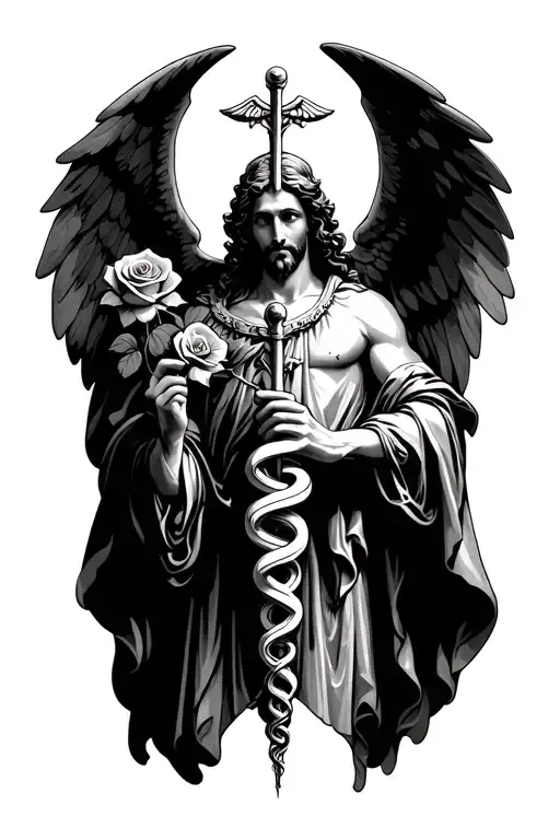 St Raphael Holding A Caduceus Staff Symbol Incorporating Elements Roses