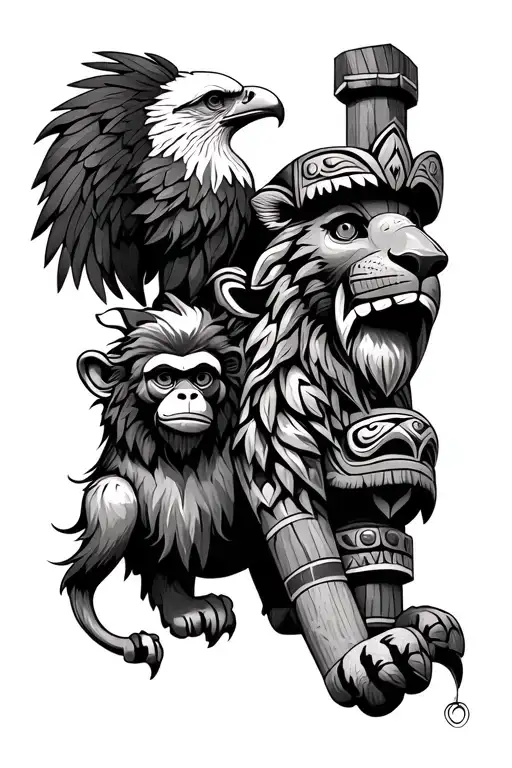 Totem Pole Consisting Of A Lion Monkey And Eagle
