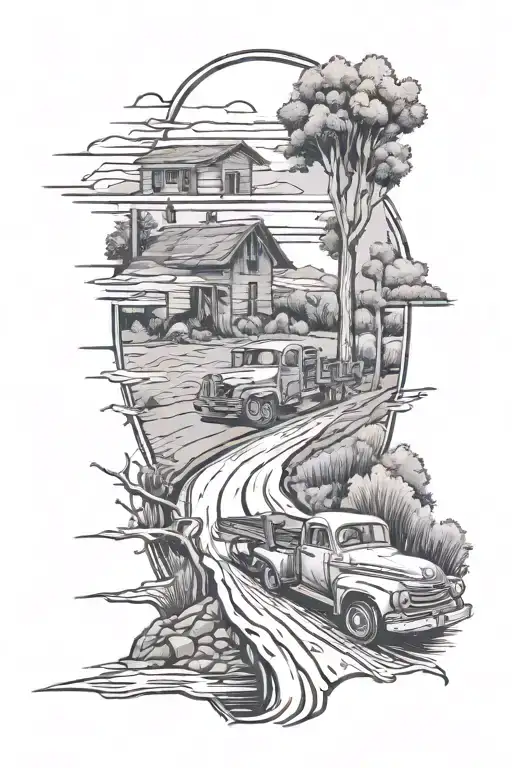 Skillsaw Blade With A Country Road Leading To River Bank With A Old Pickup On The Road