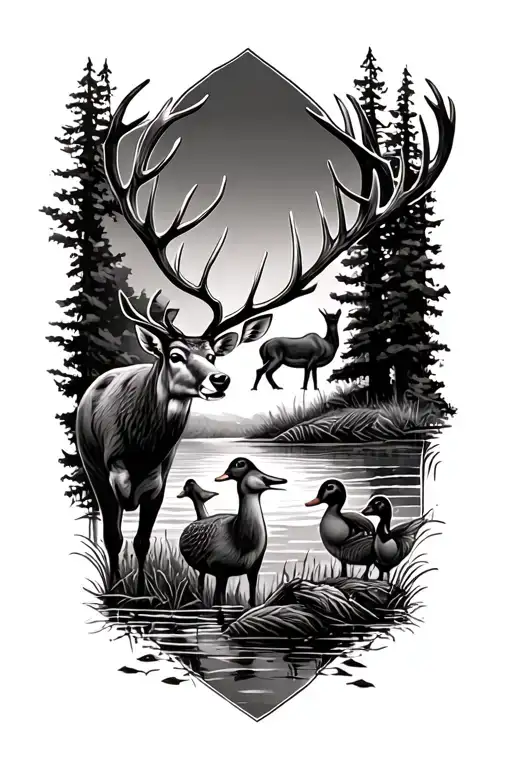 Hunting Scene Featuring Dad Kids Deer And Ducks