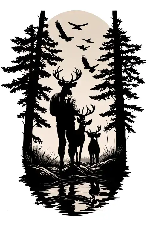 Hunting Featuring A Dad And 2 Kids Deer And Ducks Flying