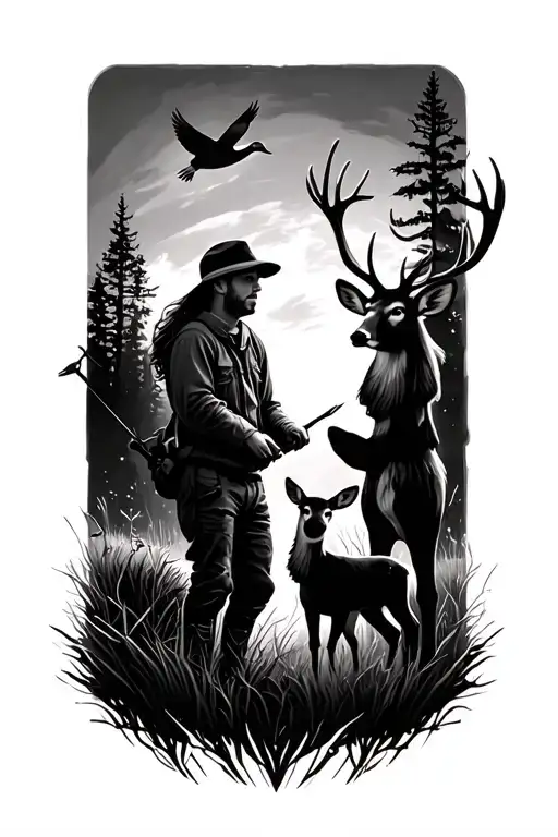 Dad Daughter And Son Hunting Deer And Ducks Flying