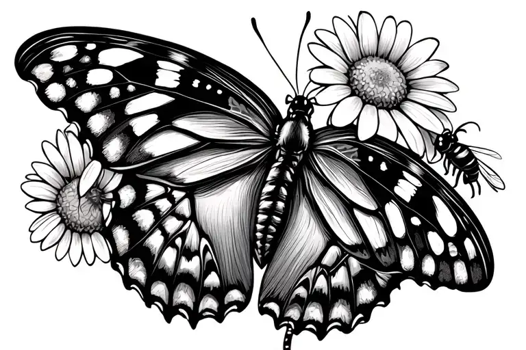Butterfly With Daisies Bees