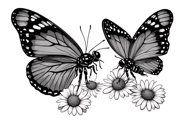 2 Butterflies With Daisies And Bees
