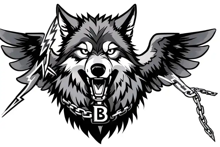 Wolf With A Lightning Bolt In It's Mouth And Wings It Has A Chain That Says B And Has A Robot Eye