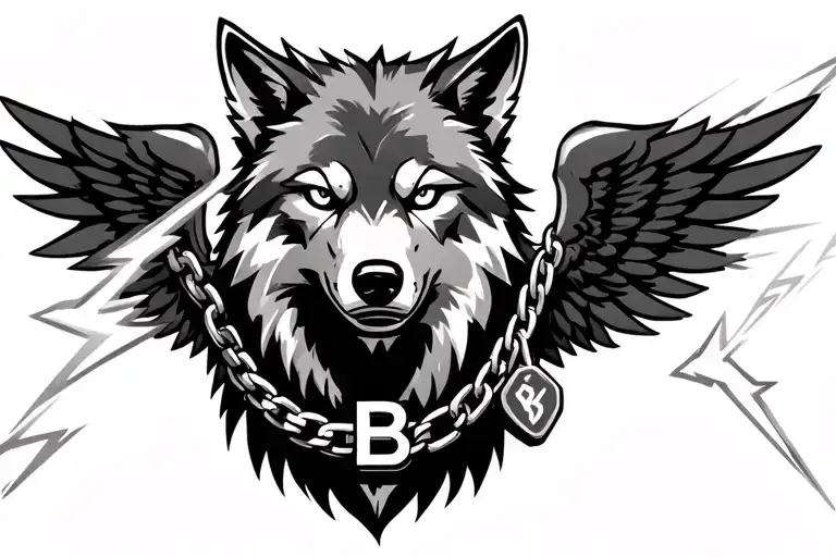 Wolf With A Lightning Bolt And Wings It Has A Chain That Says B And Has A Robot Eye