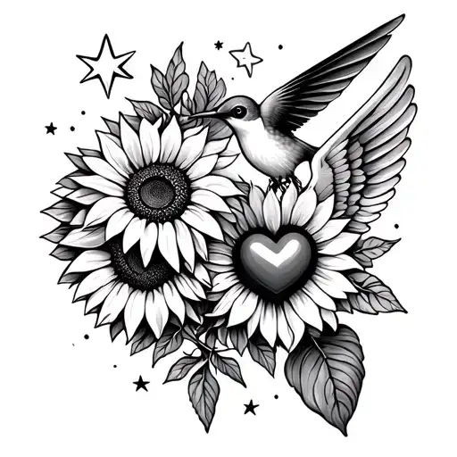 Hummingbird Sunflower And Stars And Heart With Wings