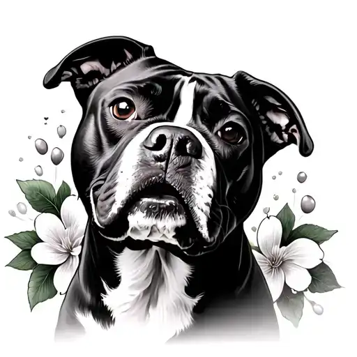 Pitbull Face With Cherry Flowers
