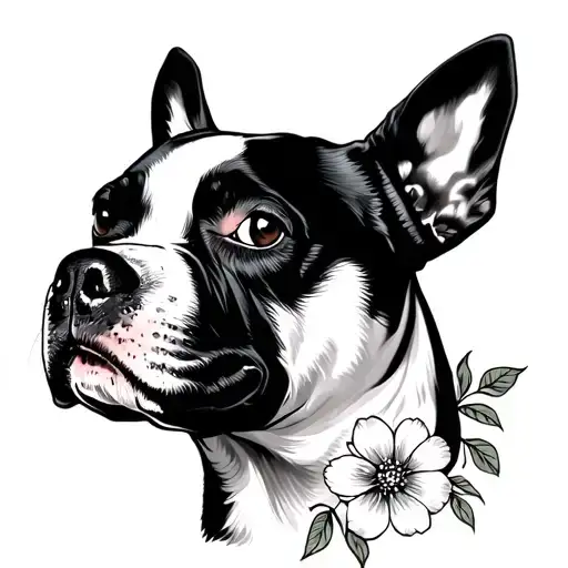 White Pitbull Face With Flowers
