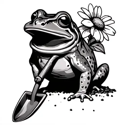 Frog And A Flower Pot With Shovel Pouring Dirt