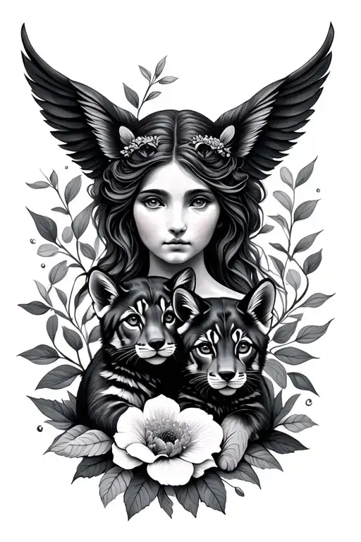 Mother Louve With 3 Cubs And Flowers