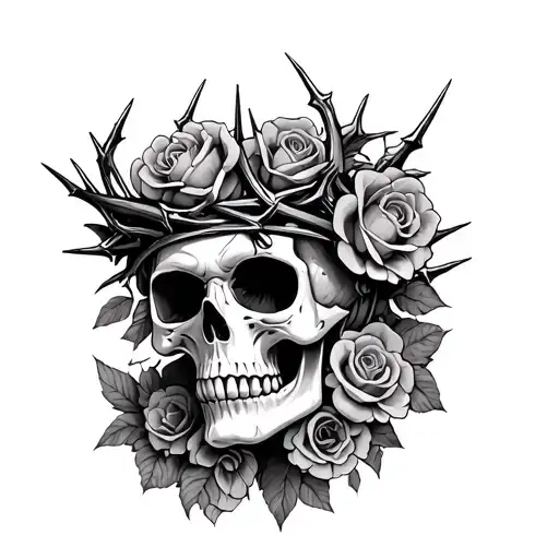 Sant Muerta Skull With Thorn Crown And Small Roses All Over