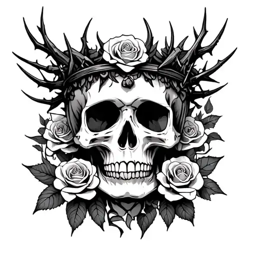 Sant Muerta Skull With Thorn Crown And Small Roses All Over