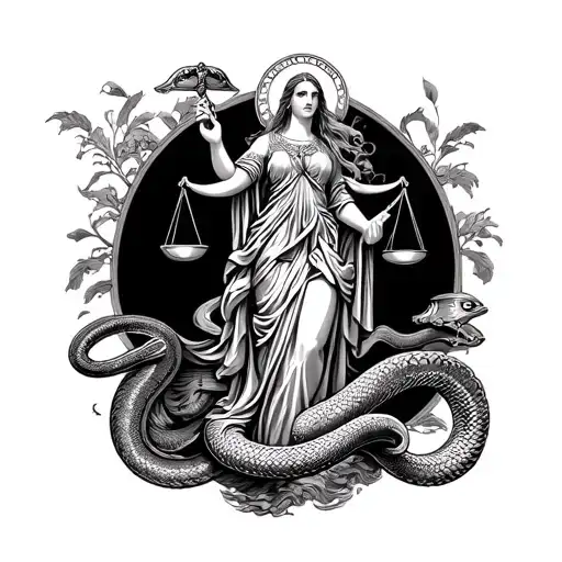 Goddess Lady Virgo Holding A Scale Of Justice And She Is Surrounded By Prosperity Snake And Waves