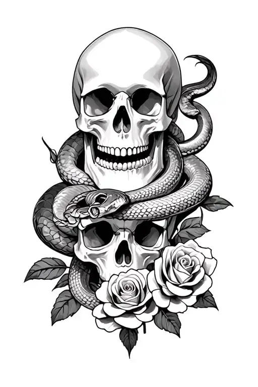 Skull And Roses With A Snake Going Into The Skull