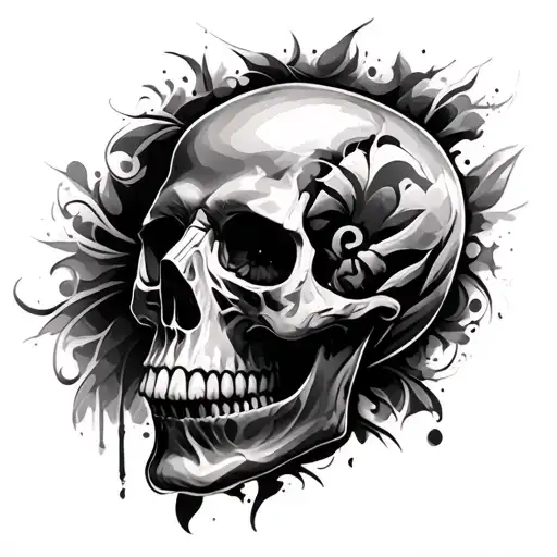 Realistic Skull Blending Into Tribal