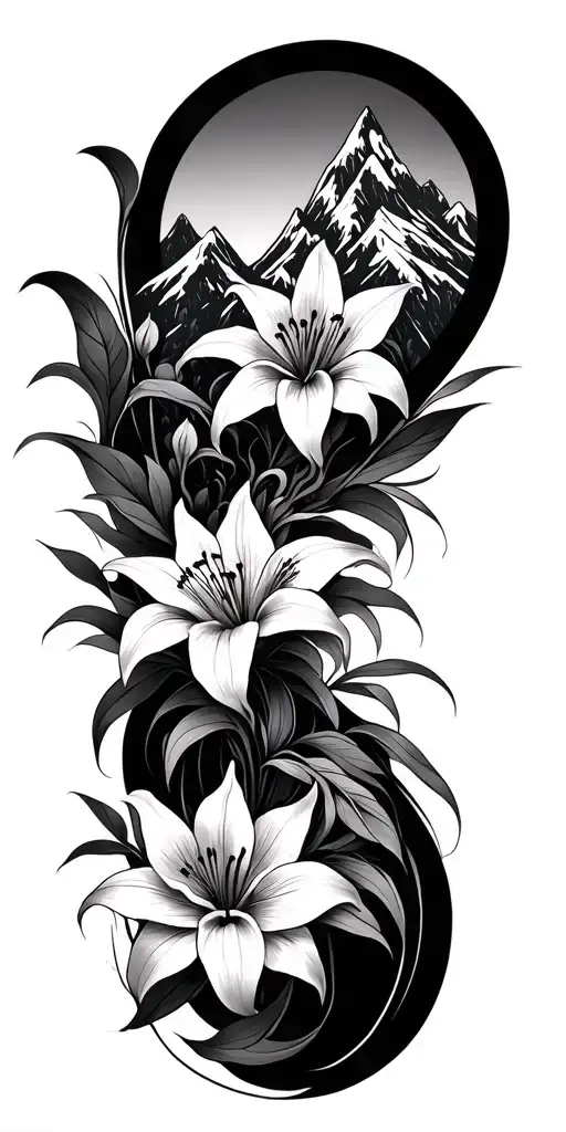 Mandala Designs Intertwined Within Mountain And Tiger Lily