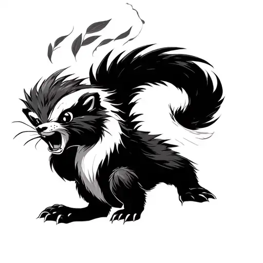 Skunk With Nine Tails Roaring Back Japanese Style With Leaves And Wind Trails