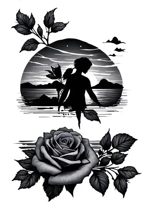 A Sunset Scene With A Silhouette And Roses