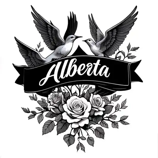 Name Tattoo Alberta On The Inside Of The Arm With Angels Birds Roses Vines