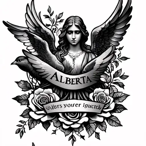 Name Tattoo Alberta On The Inside Of The Arm Vertical With Angels Birds Roses Vines