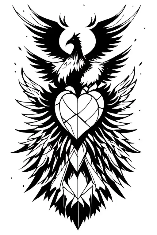 Phoenix Above Warrior Of Heart And Mind In Simple Geomtric Lines Vertically
