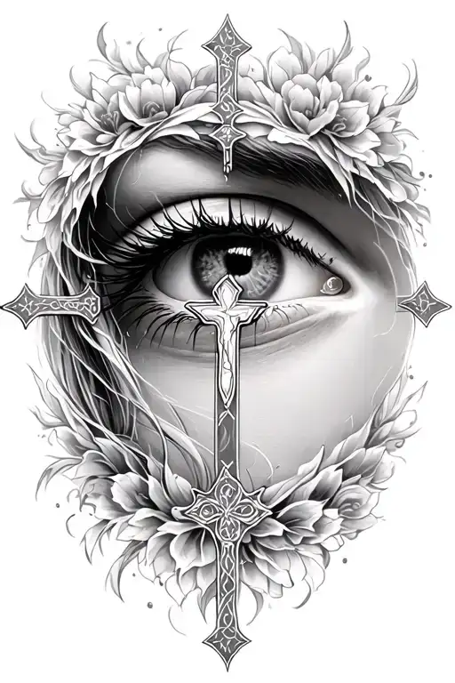 Detailed Female Eye Surrounded By Christian Cross Made