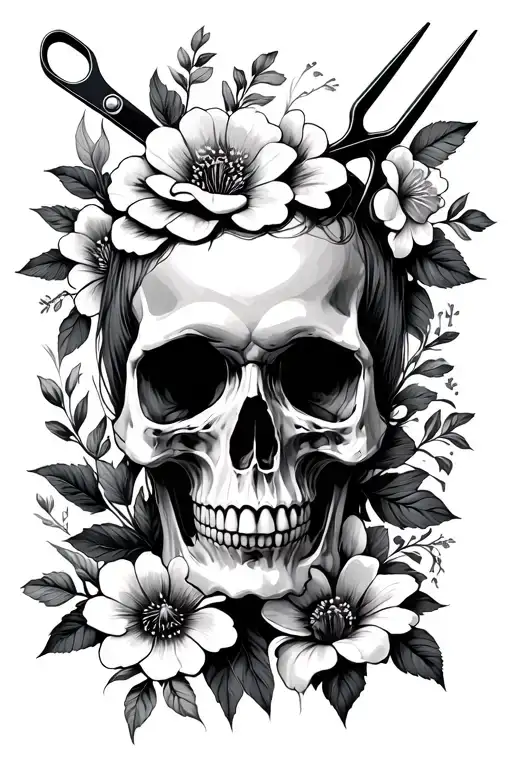 Skull In Flowers With Hairdressing Scissors
