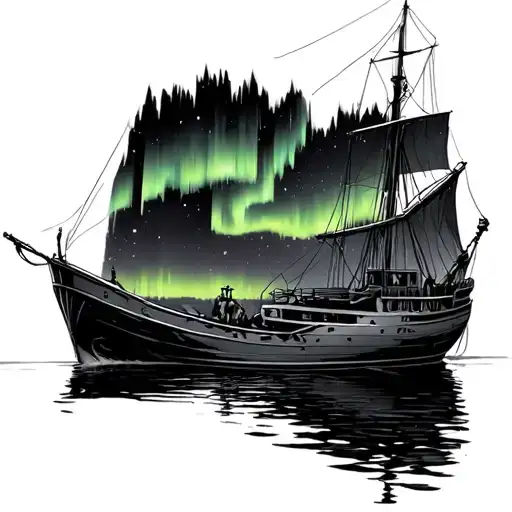 French Ore Boat With Aurora Borealis