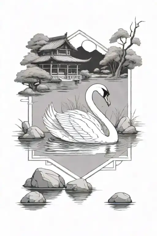 A White Swan In A Rectangular Frame Next To A Japanese House And Below It A Pond Of Water And Stones