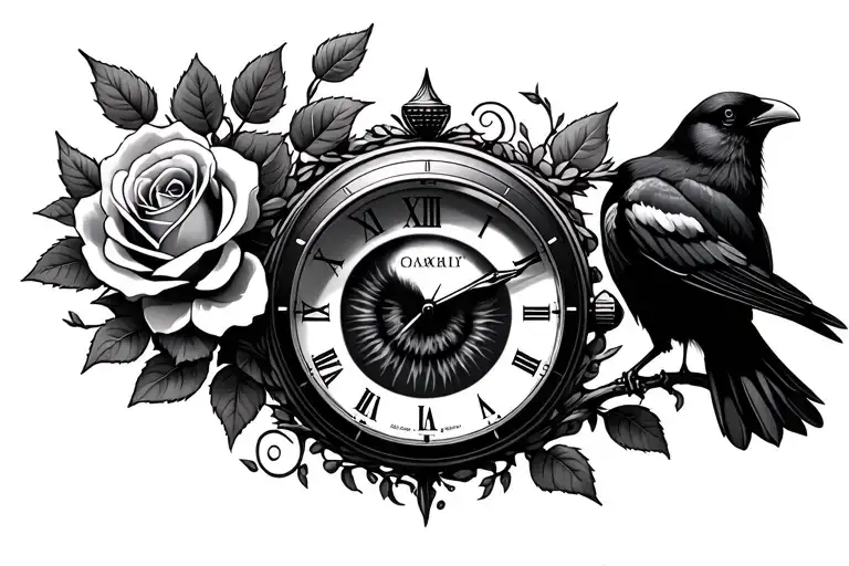 A Rose A Chronological Watch An Eye And A Crow Posed In A Tree