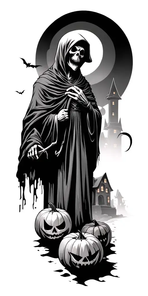 Grim Reaper With Evil Pumpkins In A Graveyard With A Haunted Mansion In The Back