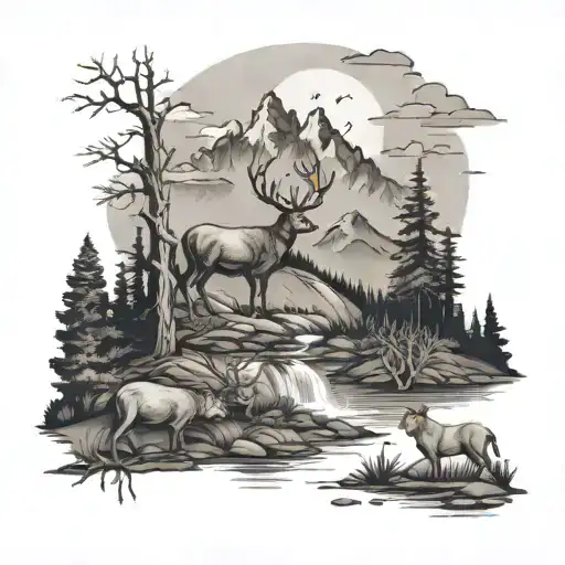A Forest With A River And Mountains And A Deer A Bear And A Mountain Lion Sleeve