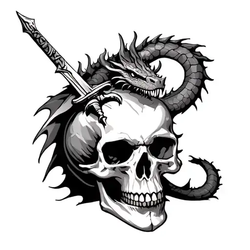 Dragon On Top Of A Skull Woth A Sword In Its Head