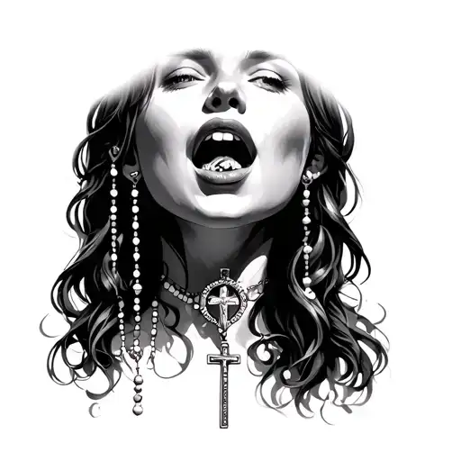 Girl With Rosary Beads Out Of Mouth Open