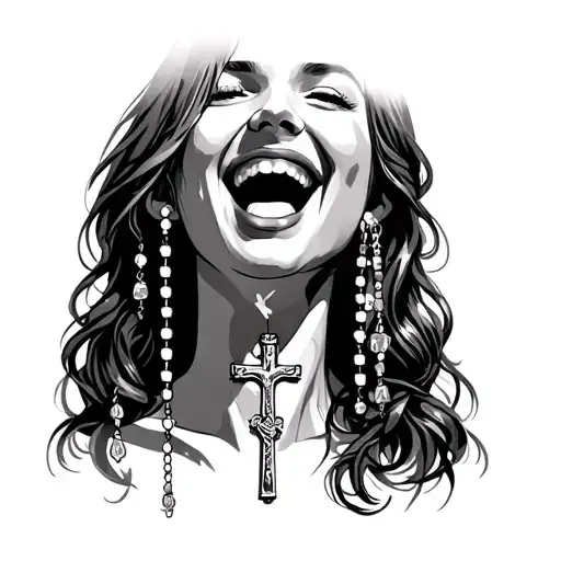 Girl With Rosary Beads Out Of Mouth Open