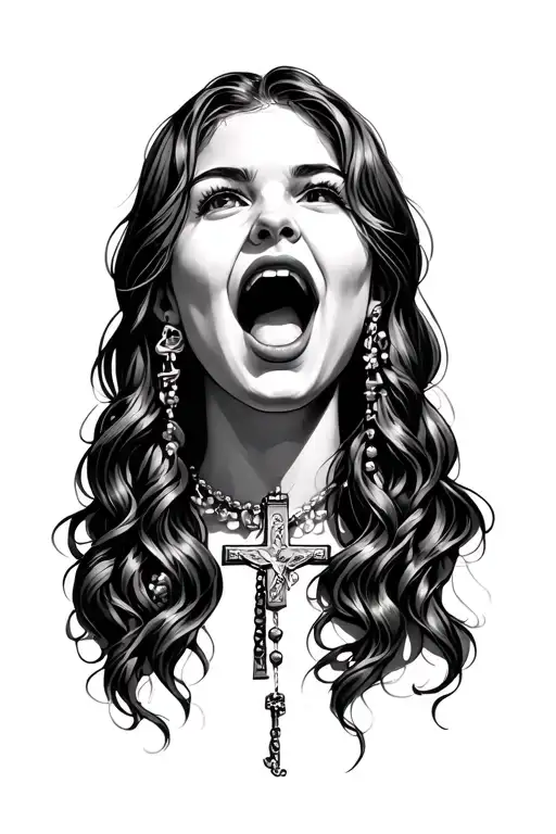 Girl With Rosary Beads Out Of Mouth Open