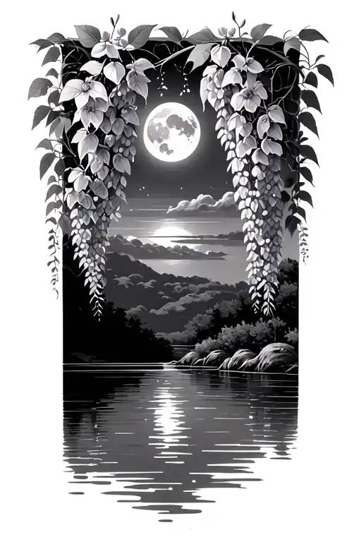 Wisteria Flowers Surrounding A Moonlit Lake Showing