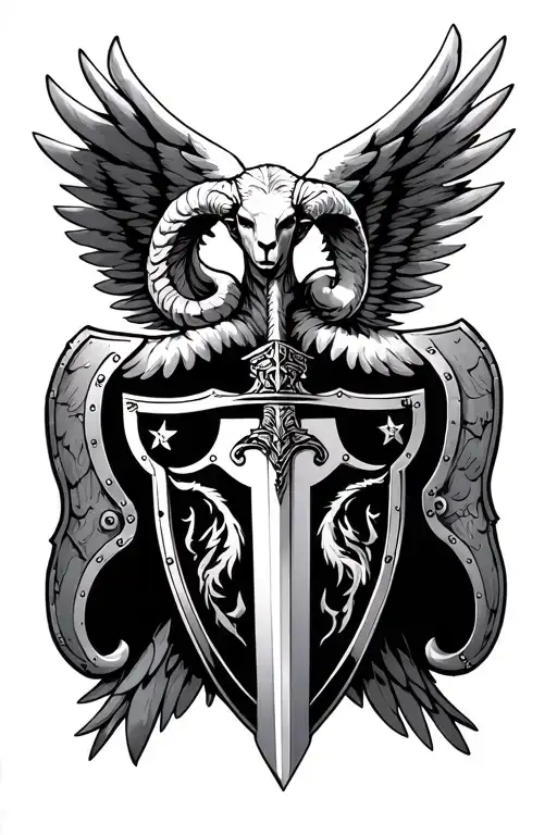 Ares In Wings Spread With Sword And Shield And Rams Head