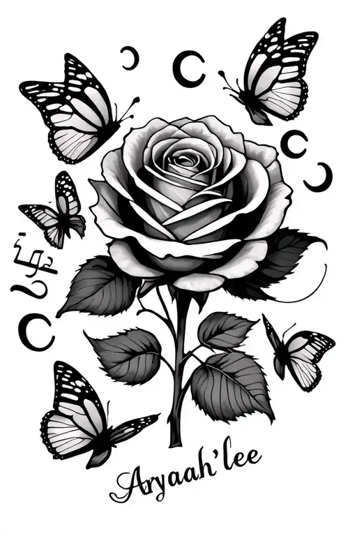 A Rose Going Thru The Name Aryah'lee With Semi Colon Butterflies Around It