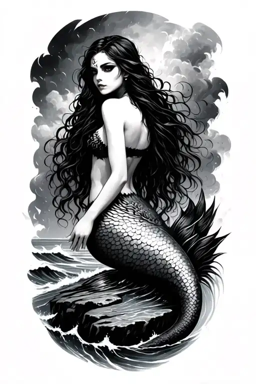 Goth Mermaid On A Rock In A Seastorm