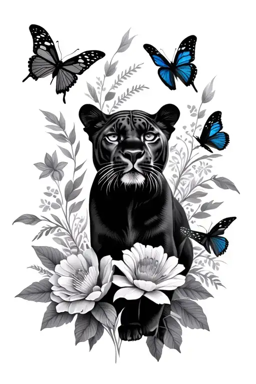 Panther & Flowers With Butterflies Fluttering