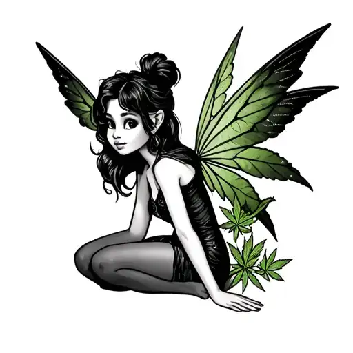 Naughty Tinkerbell With Marijuana Leaf Wings Sitting On Her Knees