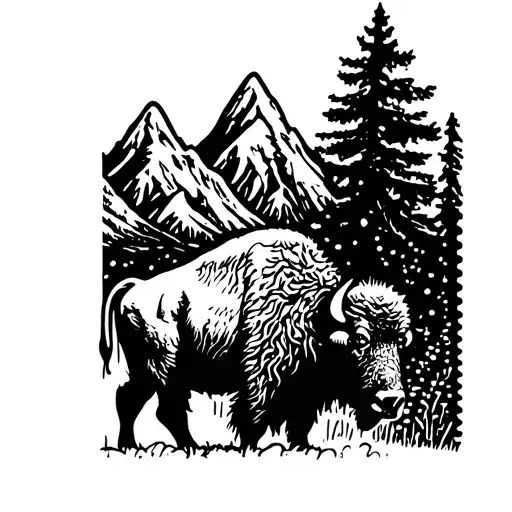 A Post Stamp Tattoo With Mountains And A Bison In Front