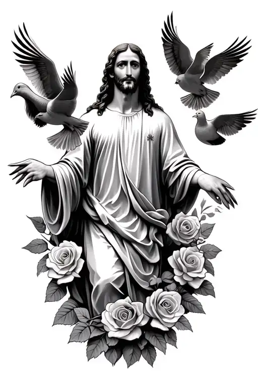 Jesus Christ Roses Around Him And Pidgeons Flying In Air