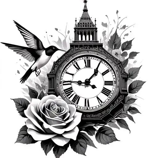 Big Ben Clock Face With Rose Below And A Humming Bird